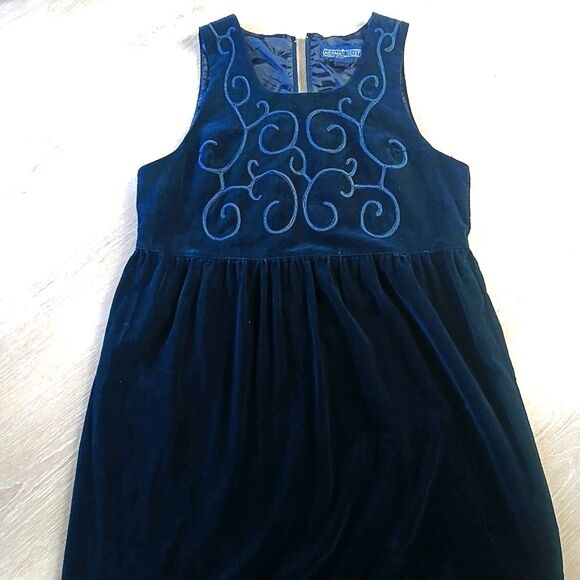 Vintage Herman Geist Dress Mixed Wool Velvet Deep Navy Blue Empire Waist 14P - Picture 3 of 11